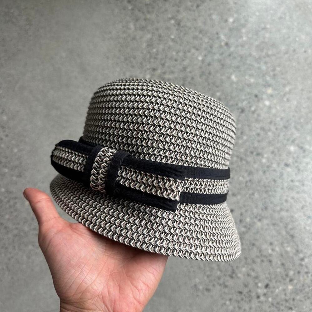 Milani 100% Straw Black & Ivory Woven Cloche Hat with Bow designed in Italy